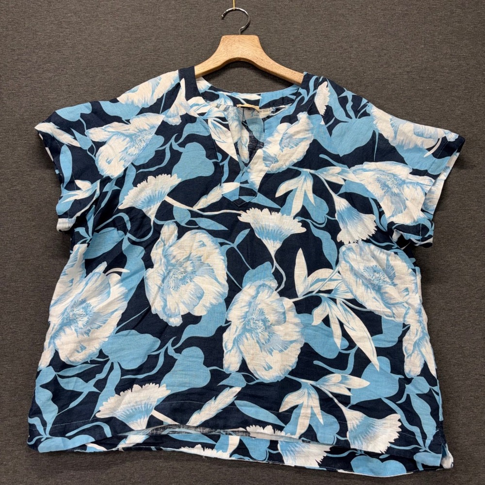Elie Tahari Top Womens 2X Linen Floral Navy Blue Short Sleeve V-Notch Pullover